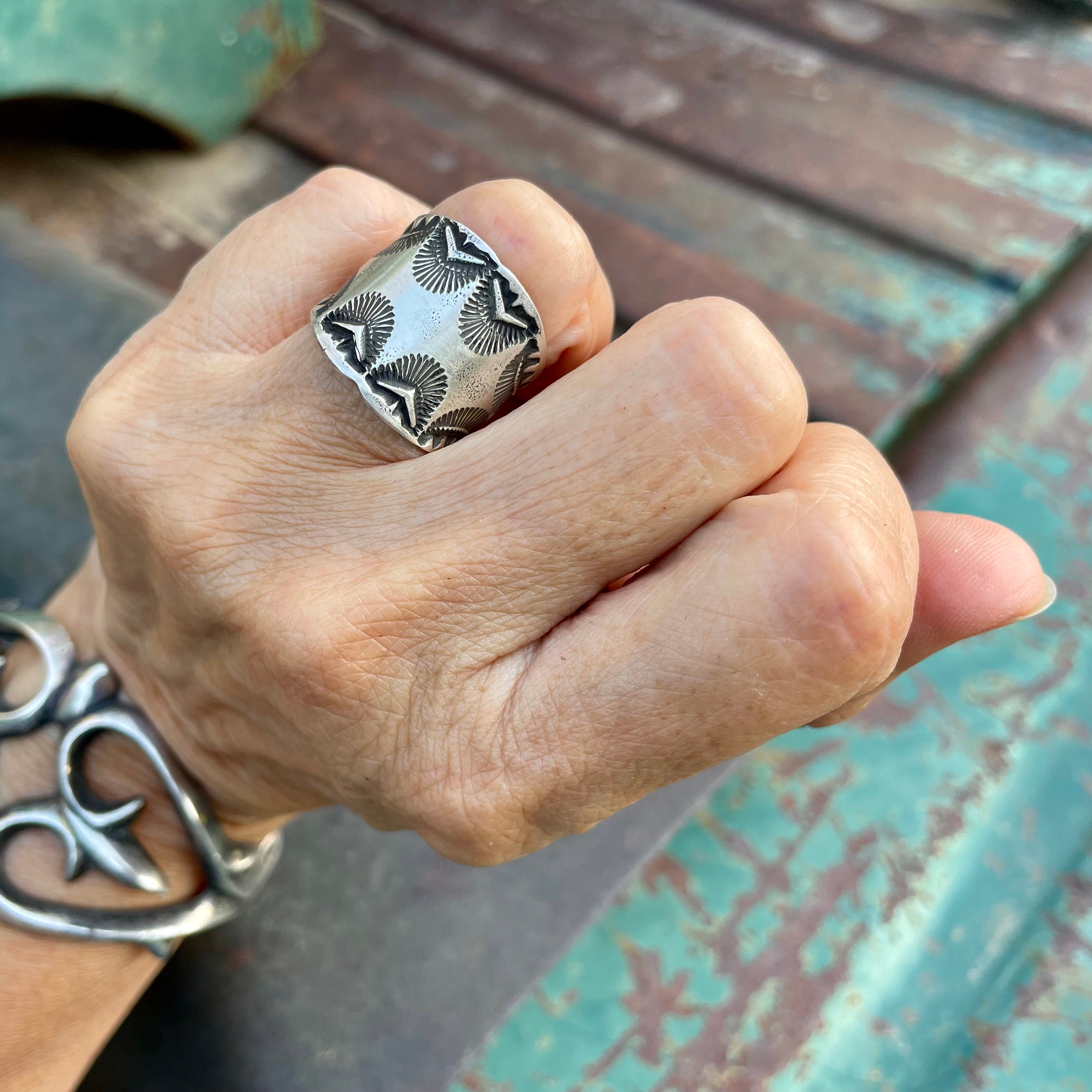 Navajo Vincent J. Platero Stamped Sterling Silver Cigar Band Ring