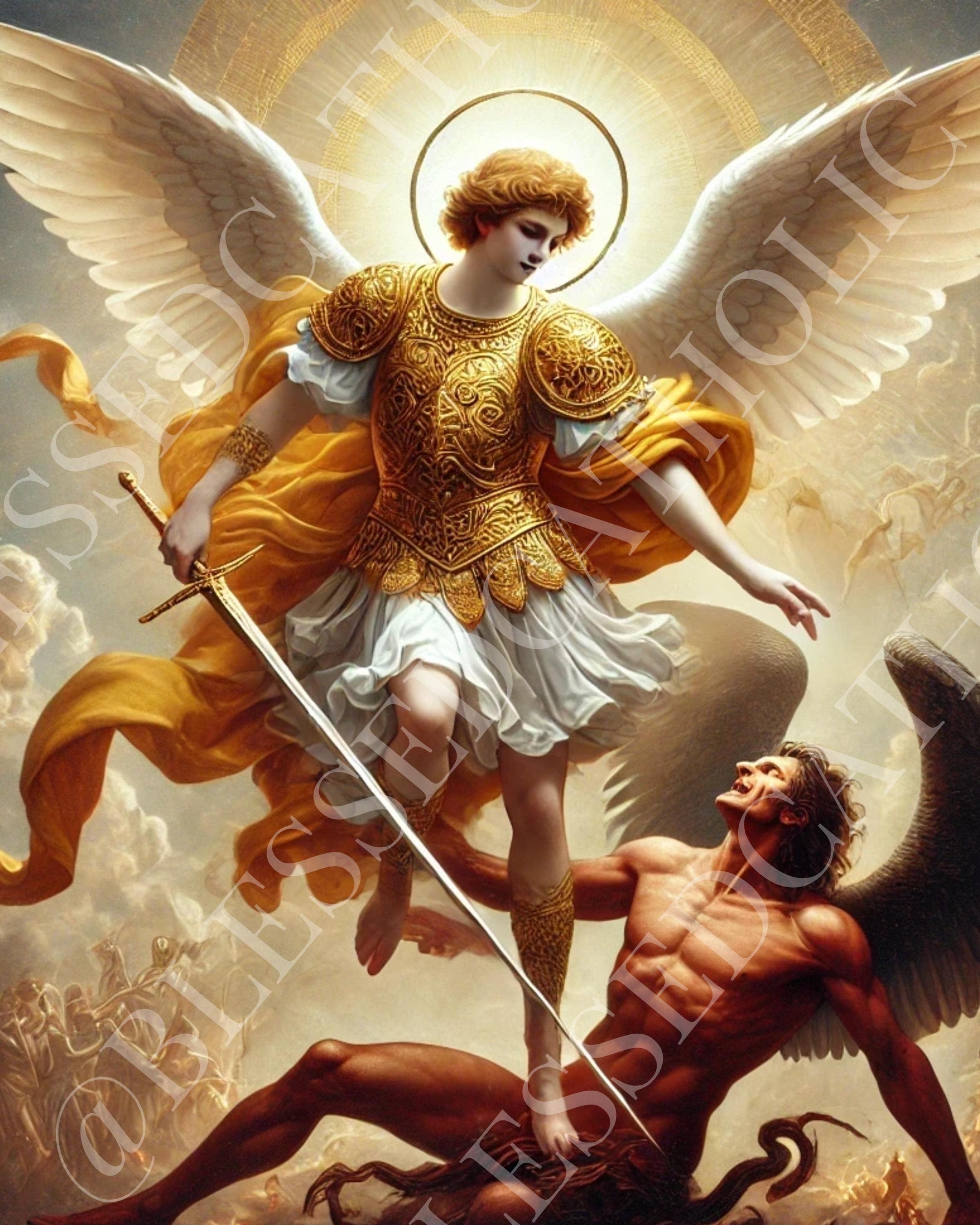 ルシファーを倒す聖ミカエルの絵画：カトリック大天使像（デジタル