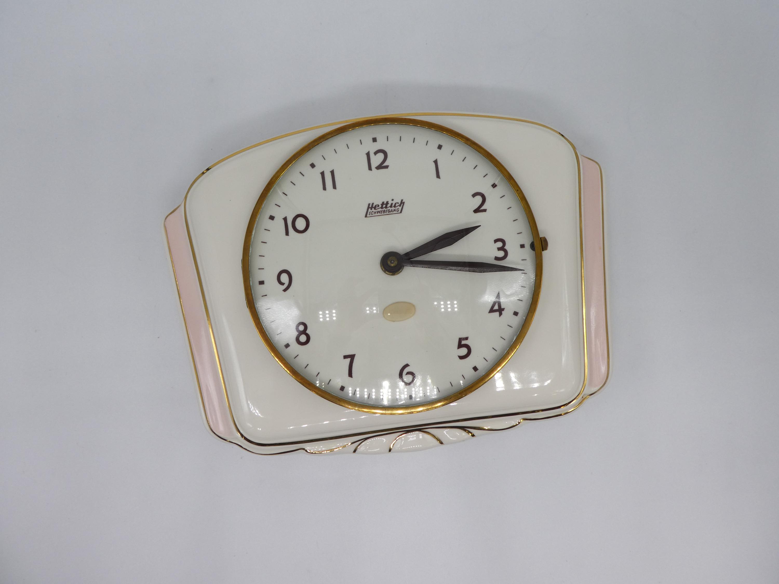 1950s Hettich Wall Clock in Cream, Pink and Gold Ceramic, Battery