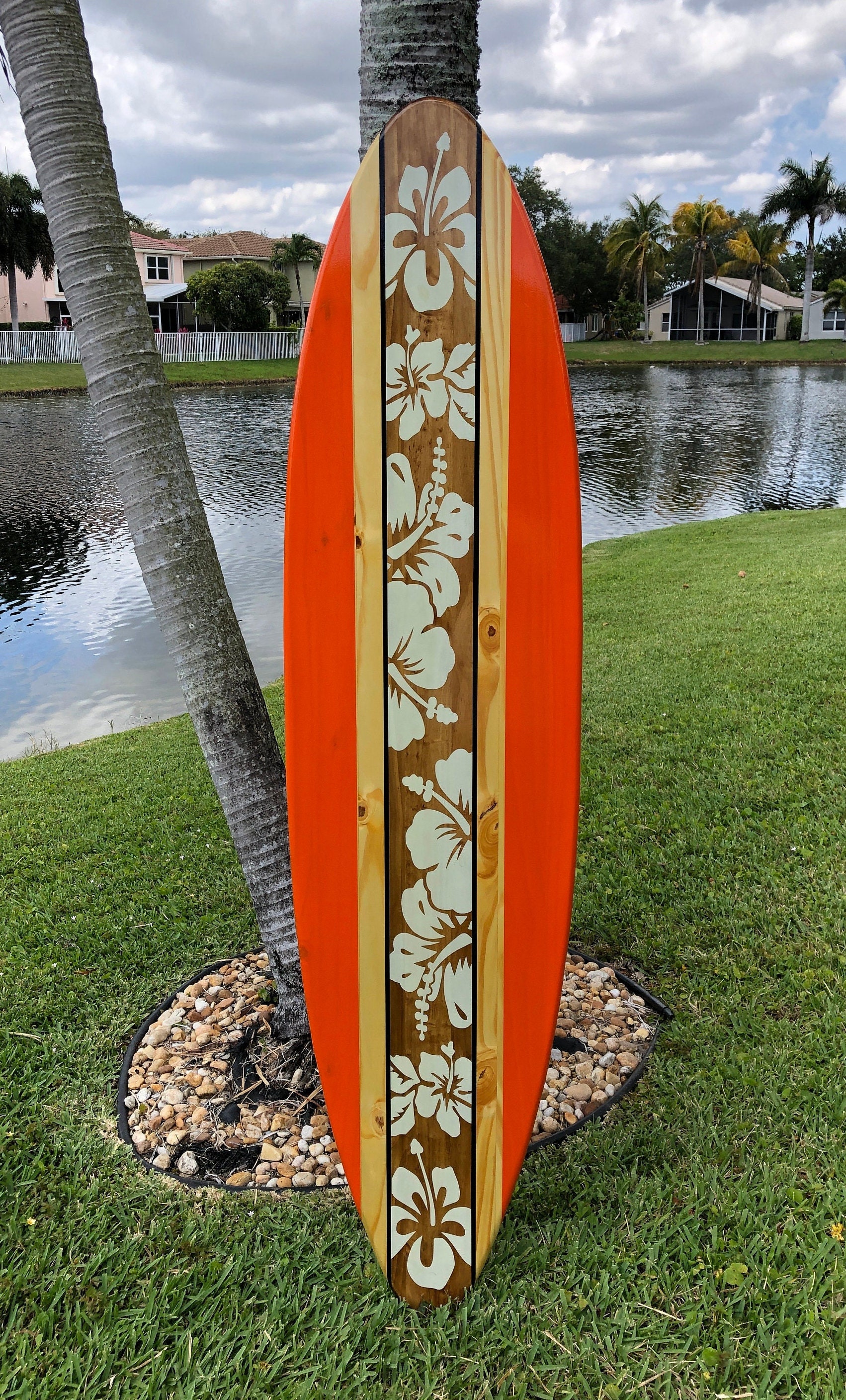 Orange and Hibiscus Wooden Surfboard Wall Art and Home Decor