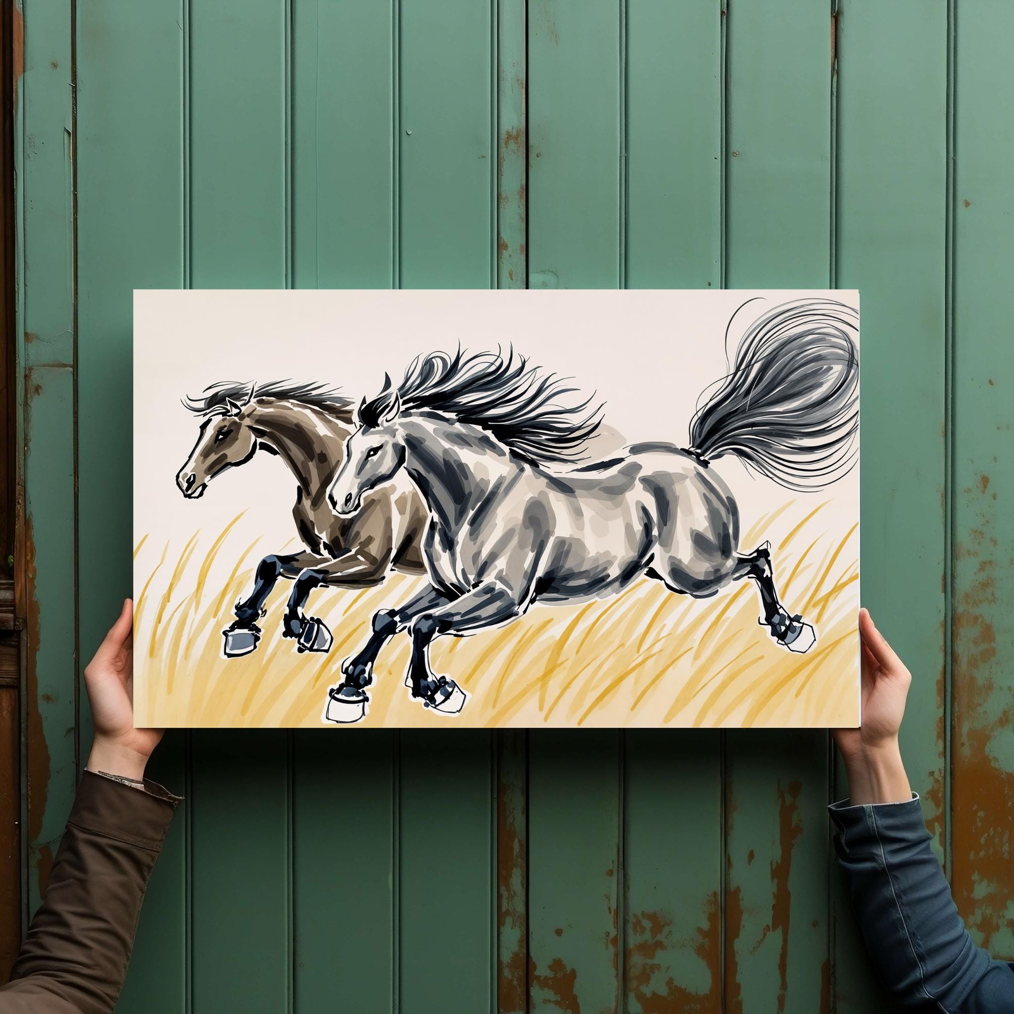 伝統的なアジアの水墨画の馬の絵 - 疾走する馬のアート、ミニマリスト