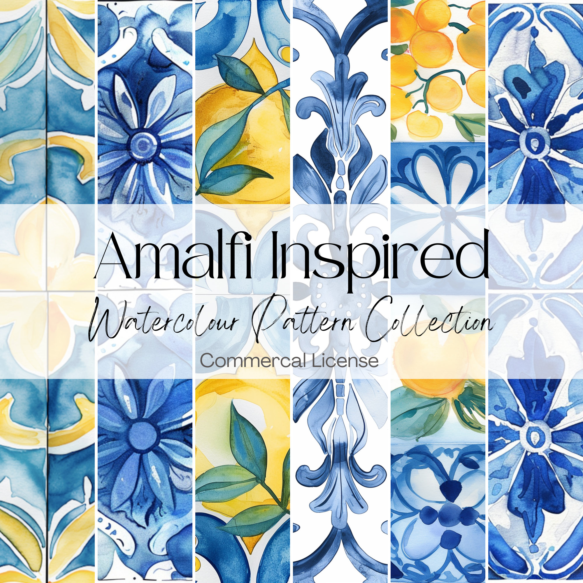 Amalfi Tile Pattern, Blue, Yellow, and Lemon Digital Paper (PNG