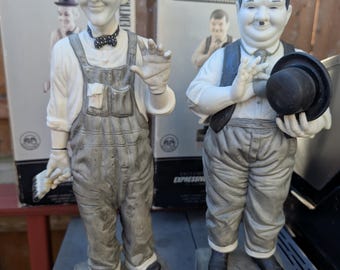 3 Large Vintage Ceramic Hand Painted Statuettes of Laurel & Hardy