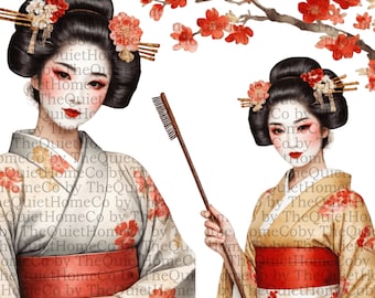 日本の芸者のイラスト15点 PNG素材｜水彩画の着物、日傘、扇子｜セット