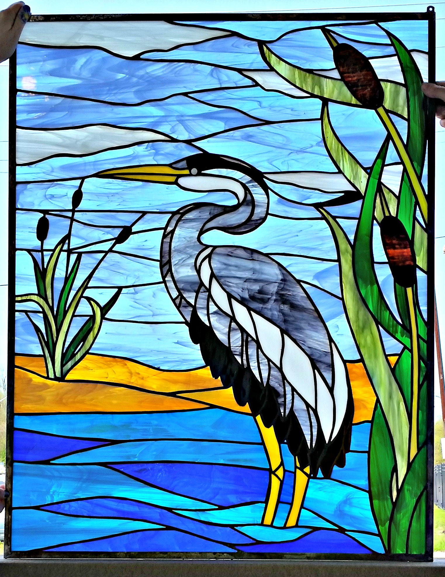 The Azure Heron: Guardian of the Glimmering Marsh Stained Glass