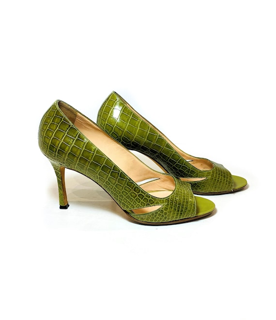 Y2K Manolo Blahnik Green Alligator Pumps 37.5, Vintage Leather
