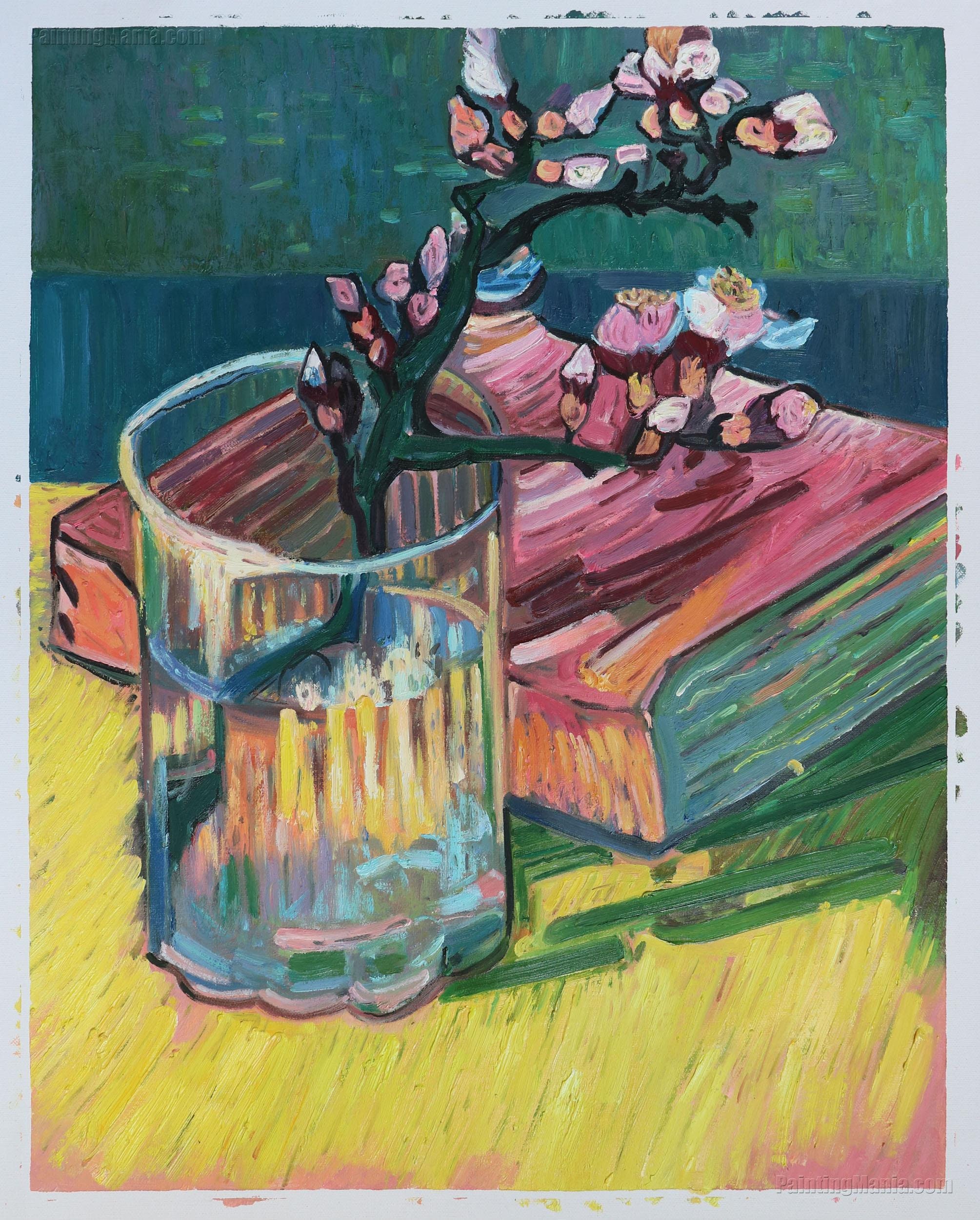 グラスに咲くアーモンドの枝と本 - フィンセント・ファン・ゴッホの