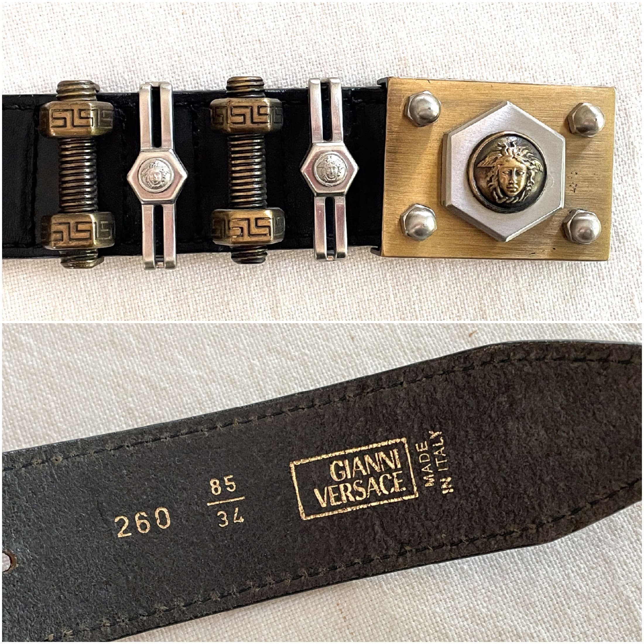 Vintage Versace Belt, Black Leather Medusa Bolts, GIANNI VERSACE