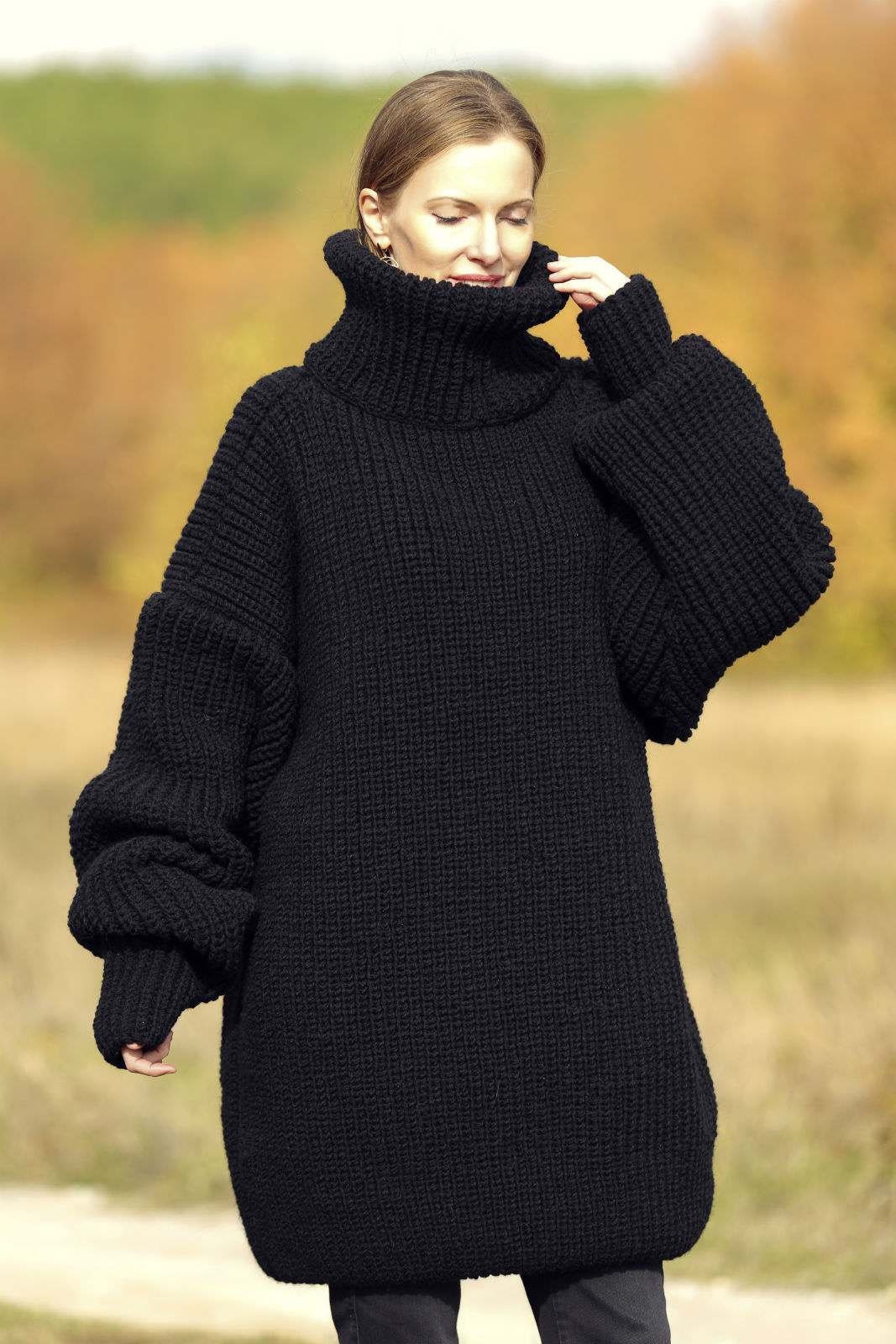 Black Thick Wool Sweater Ribbed Oversized Turtleneck Pullover by