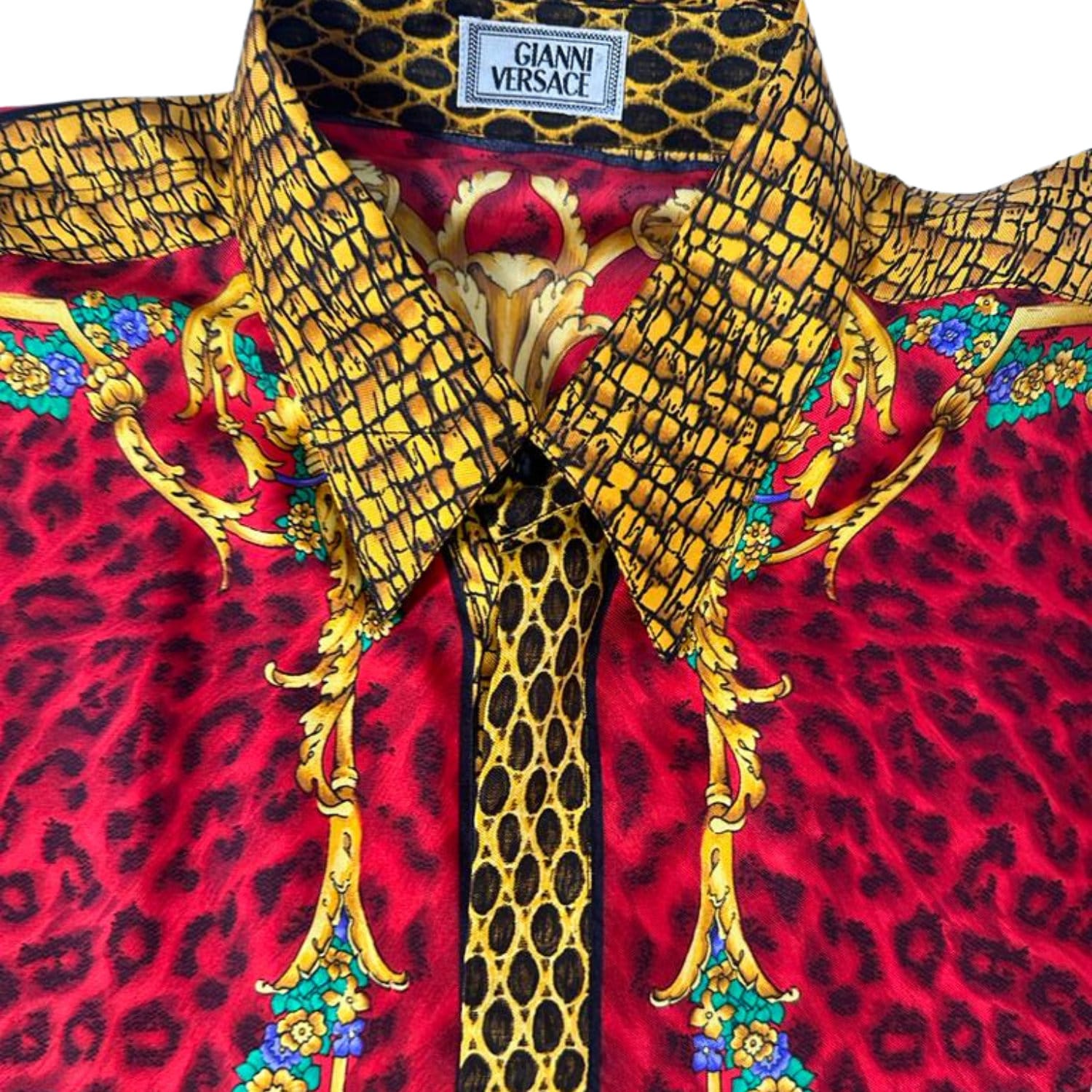 1990s Gianni Versace Red & Gold Silk Twill Baroque Leopard Shirt
