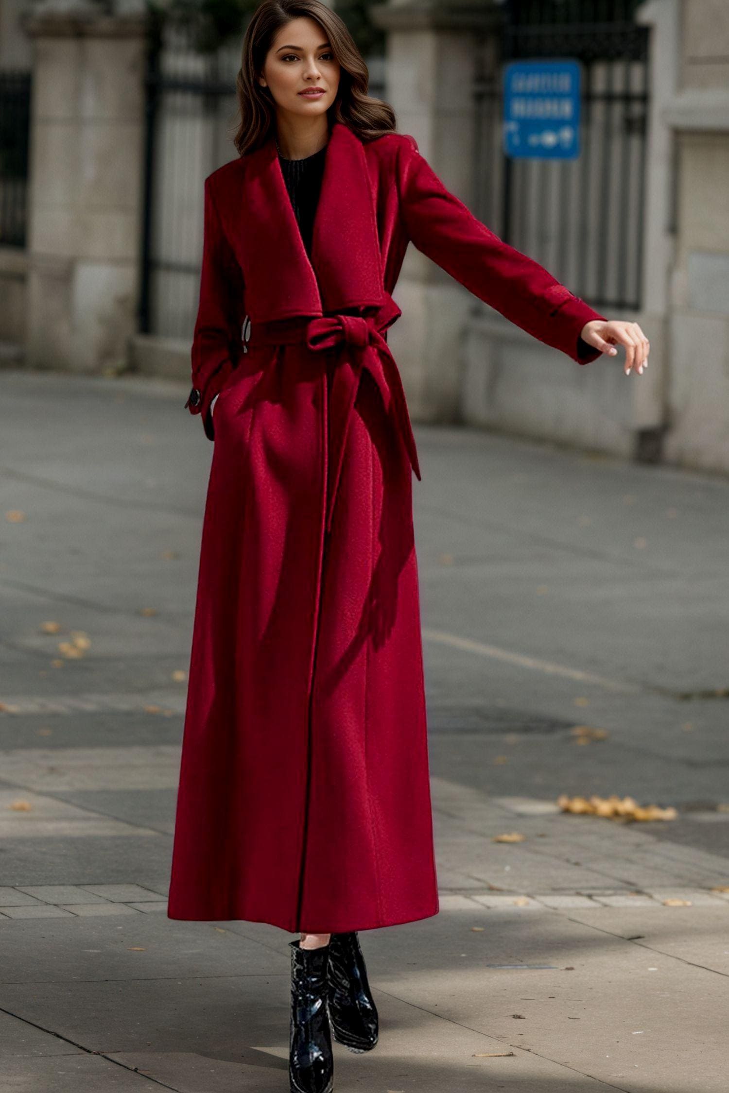 ロングウールコート、レディースウールトレンチコート、ワインレッド