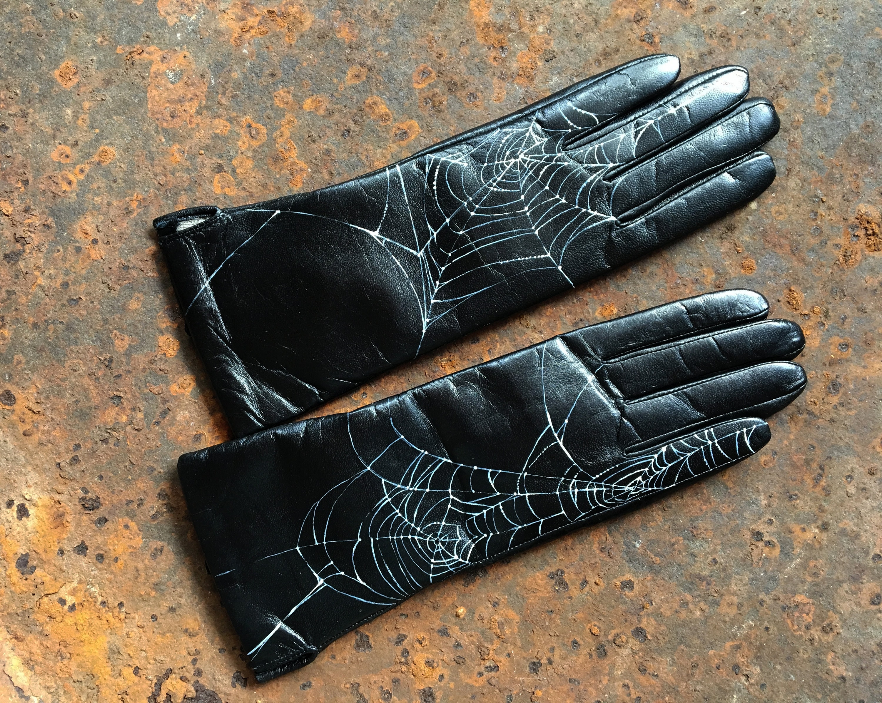 Goth Gloves Womens Black Leather Arm Warmers Hand Pained White