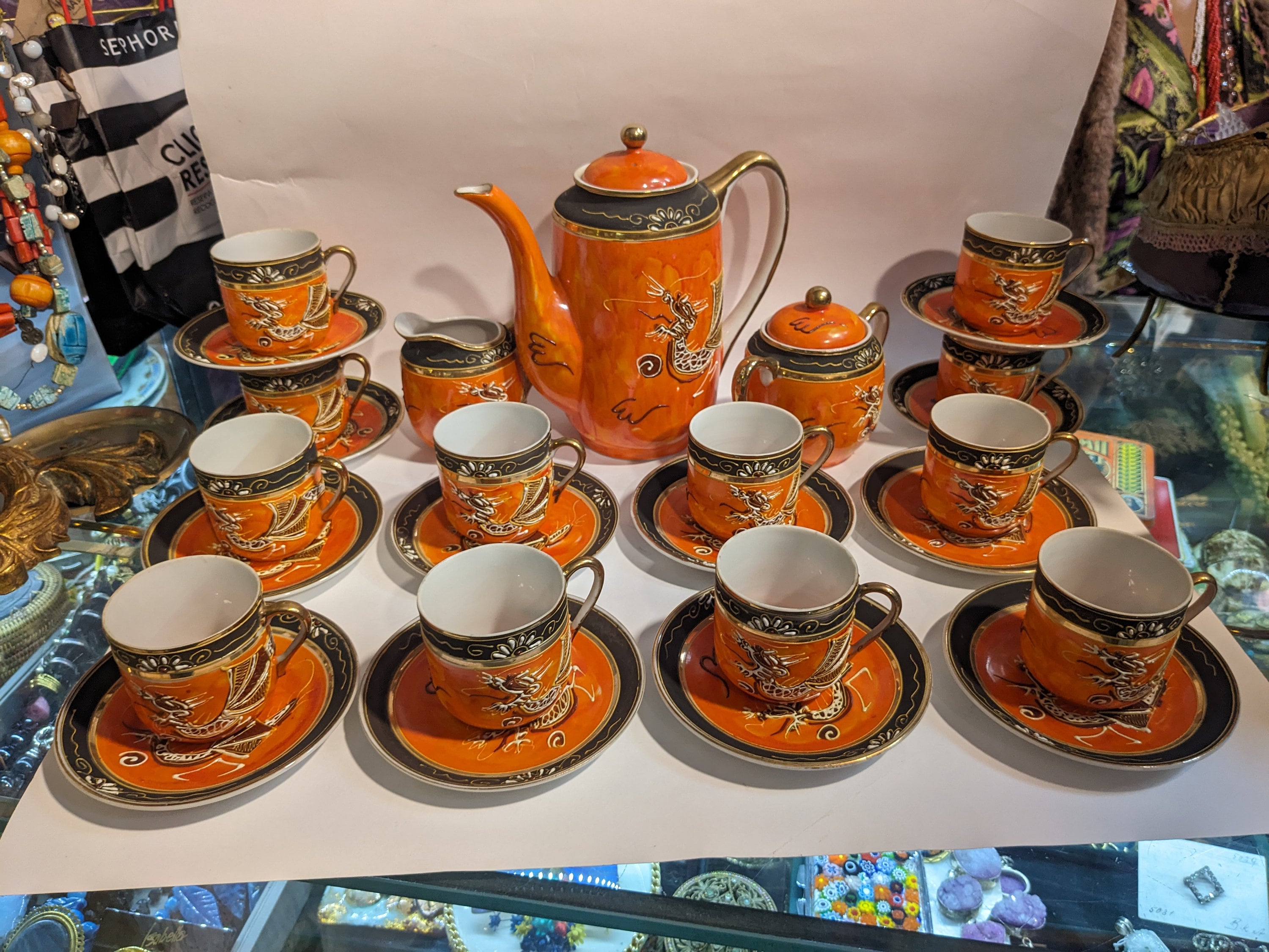 Vintage Coffee Set Orange Moriage // Dragon Ware, Oriental