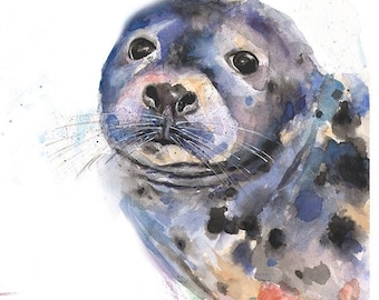 アザラシの水彩画アートプリント - 鮮やかな海の生き物の絵画 - Etsy 日本
