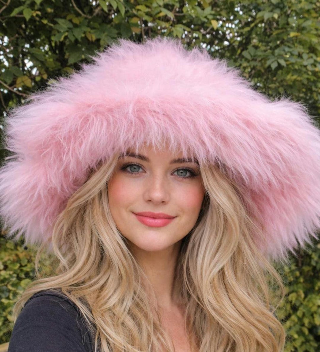 Mega Fluffy-extra Wide Wire Brim -fuzzy Bucket Hat-pink Oversized