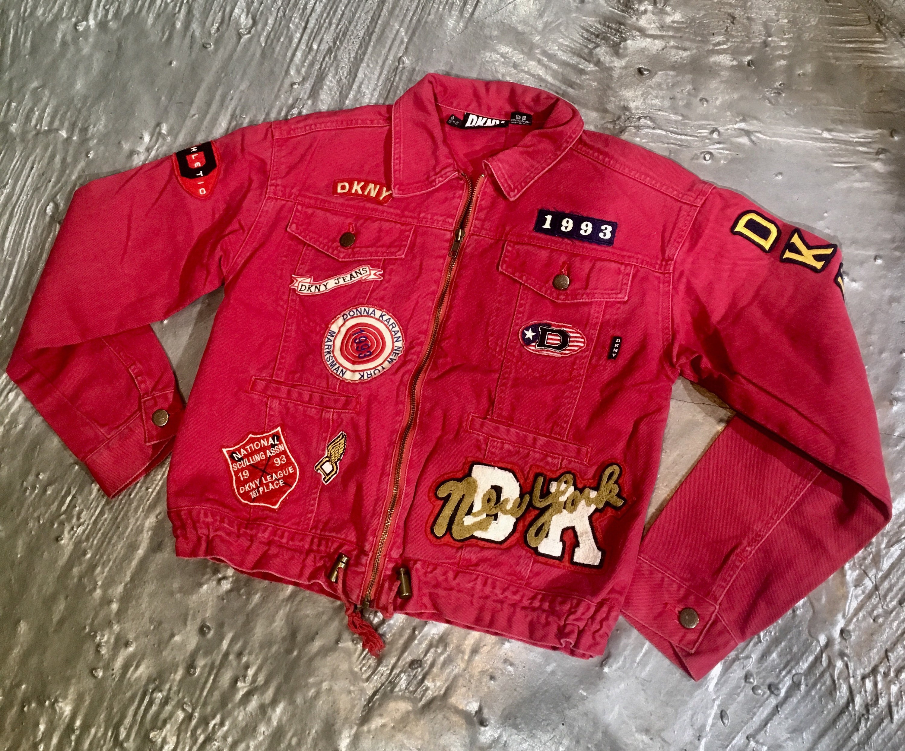 DKNY Donna Karan Vintage Red Denim Letterman Custom Patch Jean