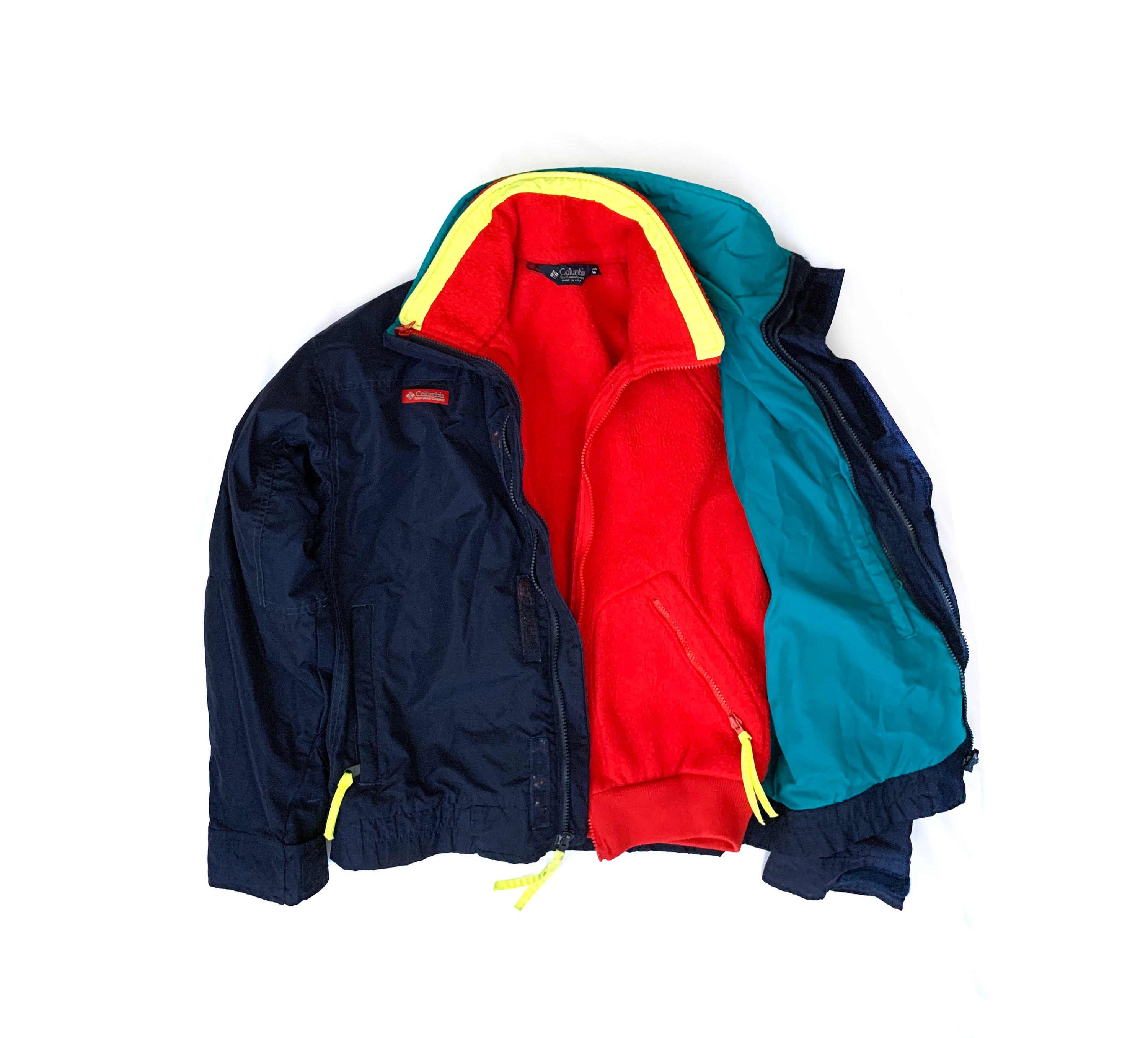Vintage 80s Columbia Jacket Coat Shell Fleece Blue Teal Red Neon