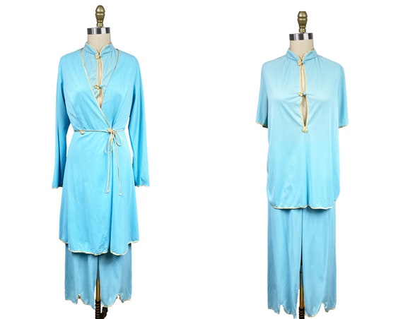 Vintage 1960s Light Blue Three Piece Pajama Robe Pant Shirt Set