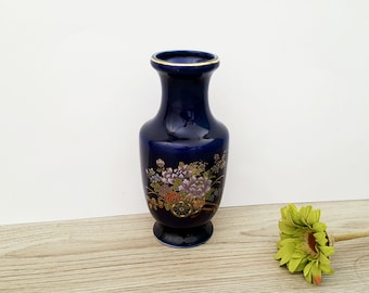 ヴィンテージ 大型日本製コバルトブルー花瓶、金箔押し花模様、12