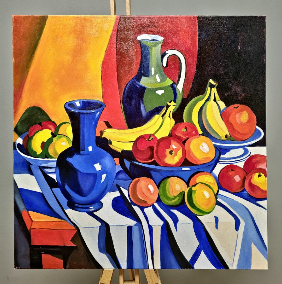 絵画インテリア 額付(銀) 油絵 uF6-063704 静物 果物 瓶 絵画