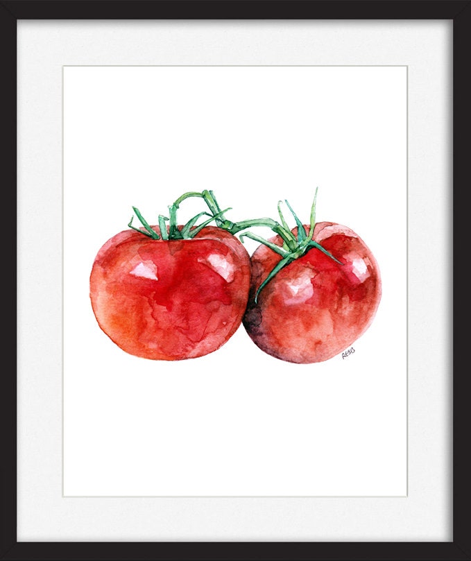 トマトの絵 - オリジナルの水彩画からのプリント、「2 つのトマト