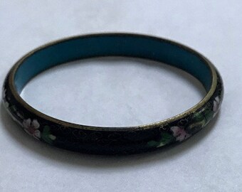 ヴィンテージ中国製ダークブルーホワイト七宝焼き花バングル