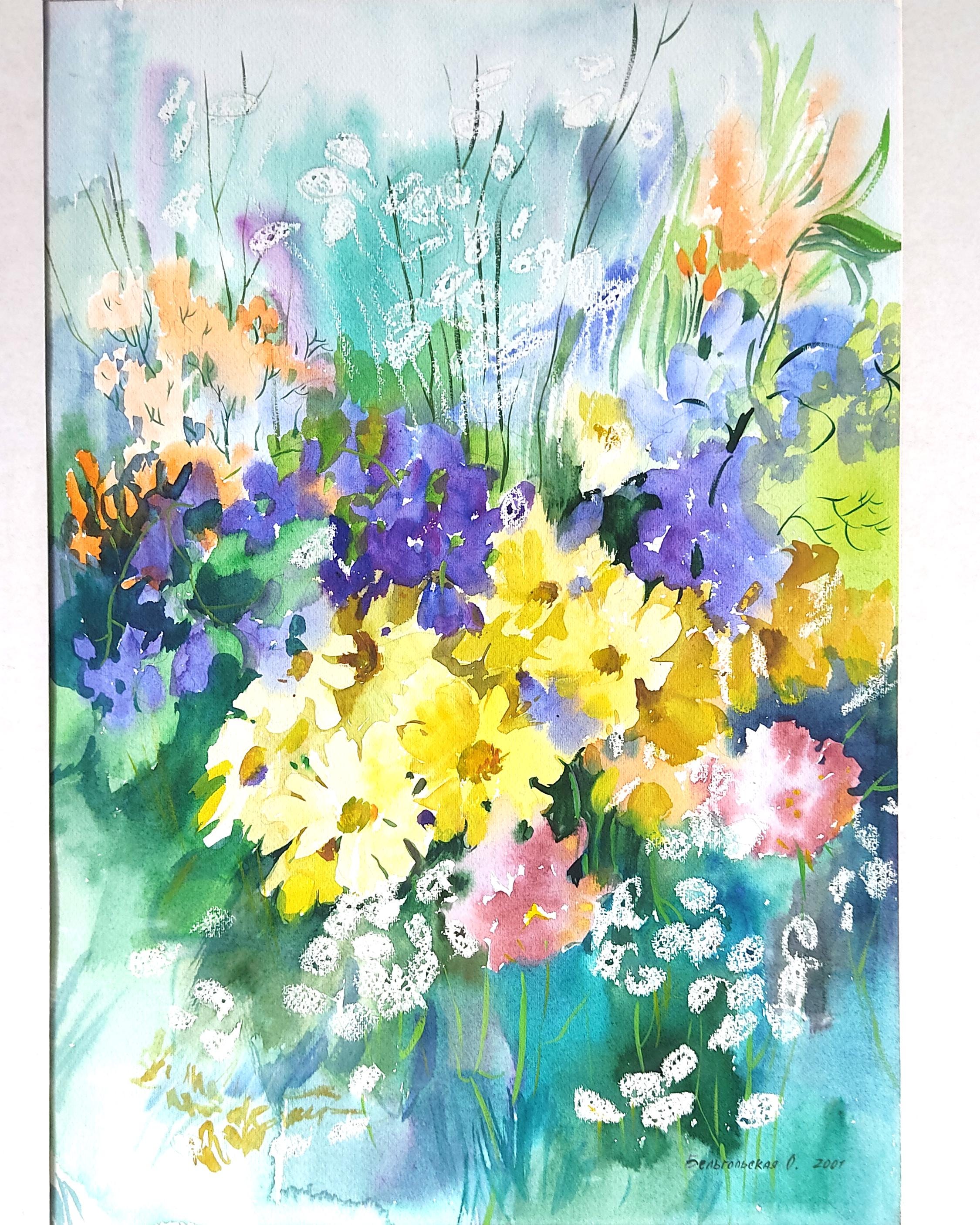 紫色の花の水彩画 19x13 オリジナルアートワーク カラフルな花のアート