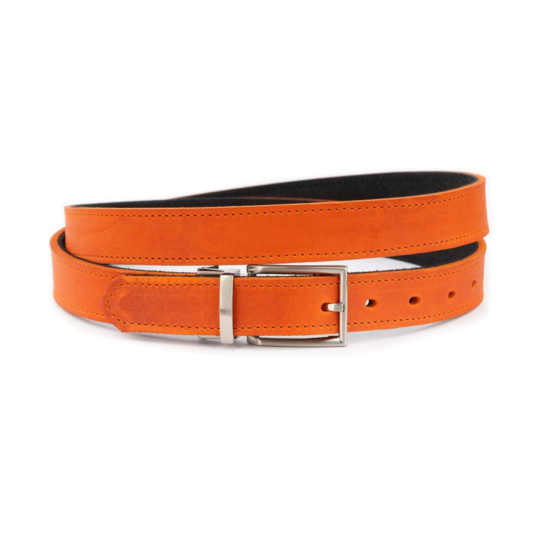 Orange Mens Reversible Belt Italian Silver Buckle Gents Double