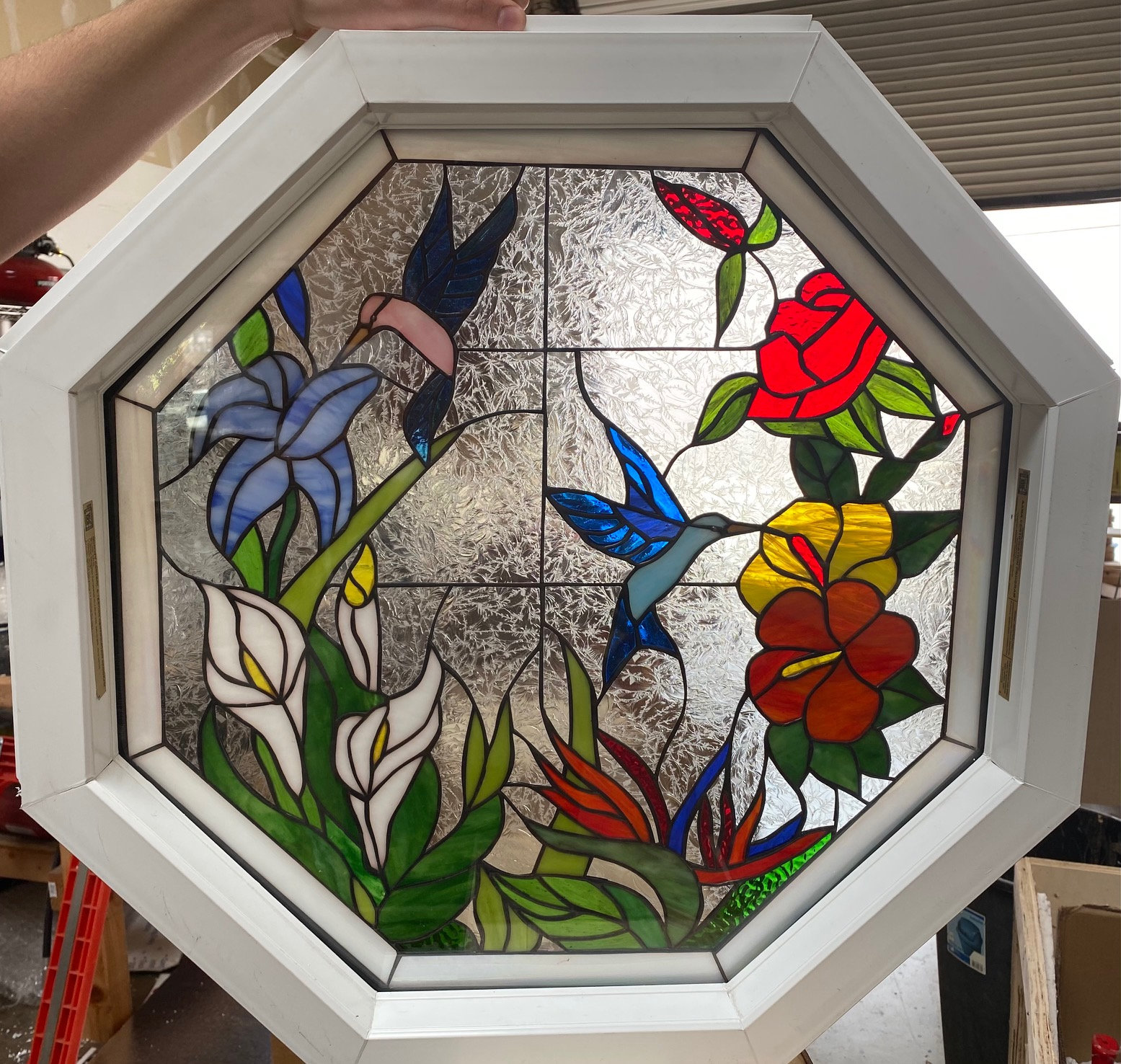 Octagonal Hummingbird Paradise Stained Glass Window Insert Panel