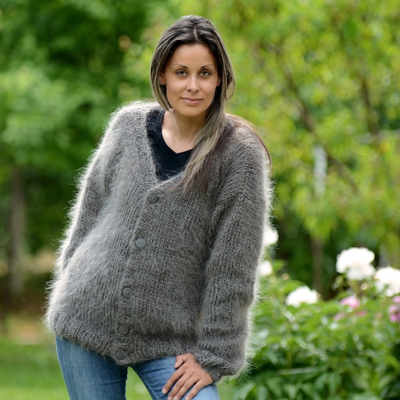 Mohair Cardigan, GRAY Fuzzy Coat, Fluffy Jumper, Hand Knit Jersey