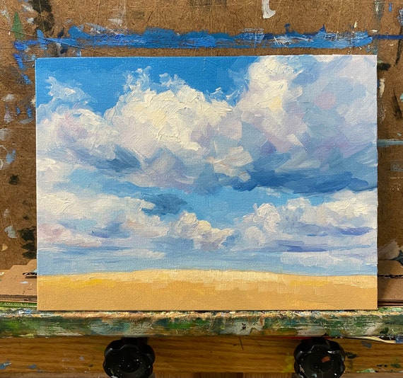 印象派の雲の風景、オリジナル油絵、6x8インチ、キャンバスパネルに