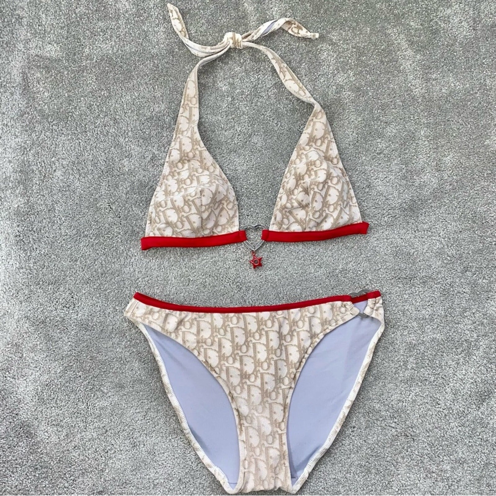 S AUTH VTG Christian Dior Tan Red Charm Trotter Logo Print Bikini
