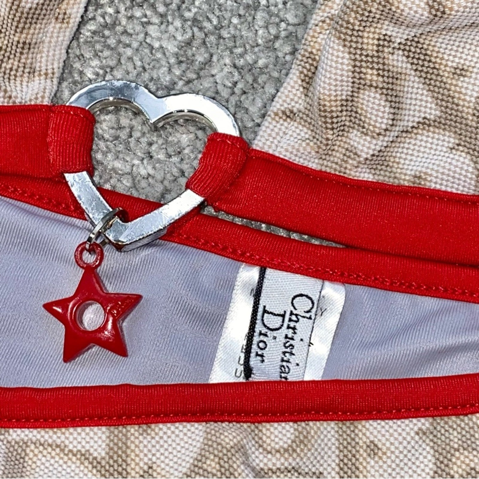 S AUTH VTG Christian Dior Tan Red Charm Trotter Logo Print Bikini