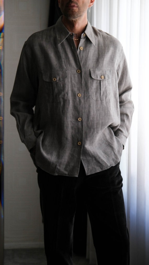 Vintage 80s Giorgio Armani Le Collezioni Light Gray Linen Shirt W