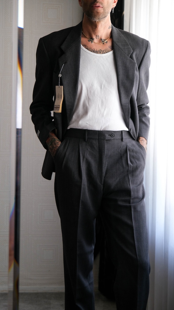 Vintage 80s Giorgio Armani Charcoal & Gray Nailhead Wool Gabardine
