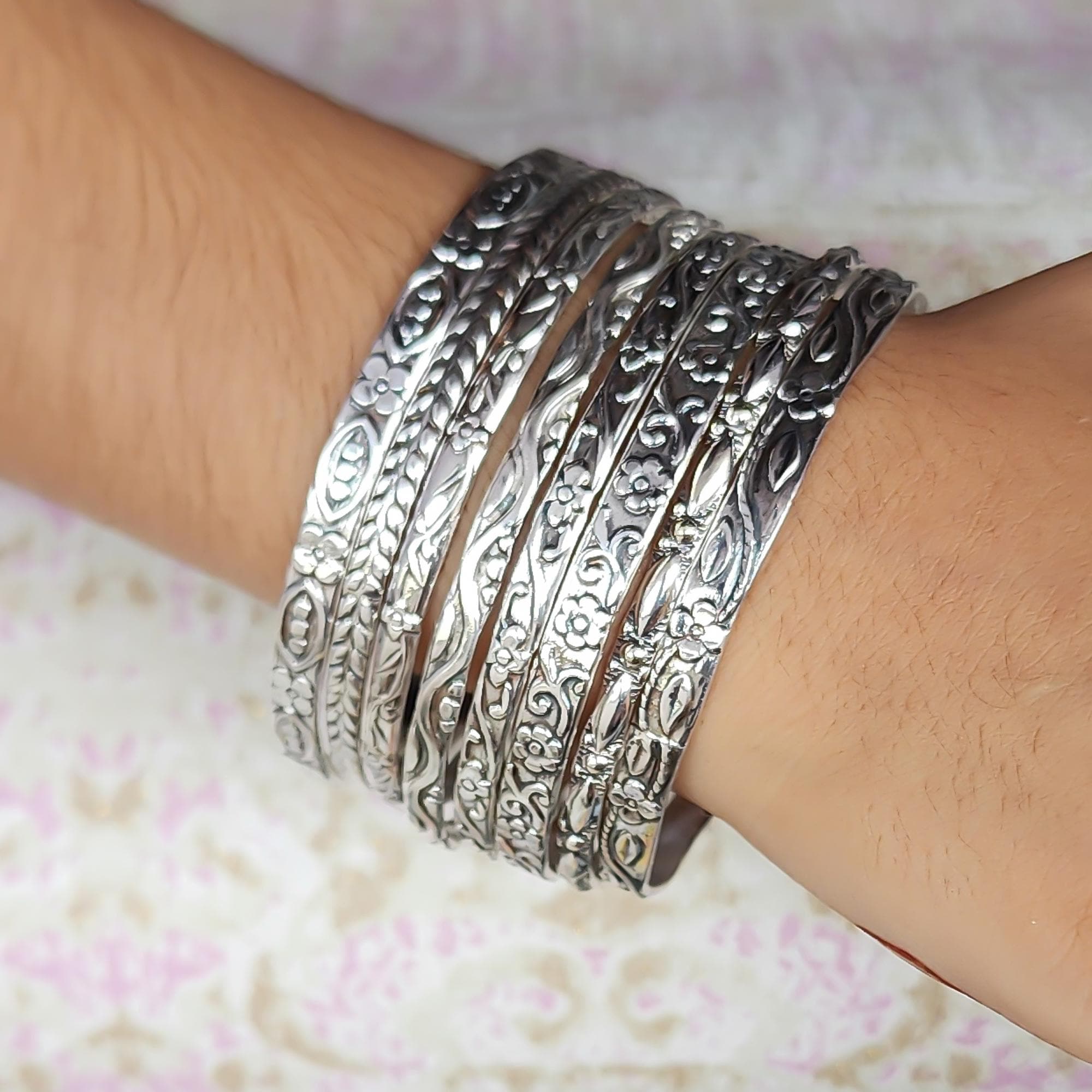 Set of 8 Sterling Silver Bangles: Thick Floral Boho Bracelet - Etsy