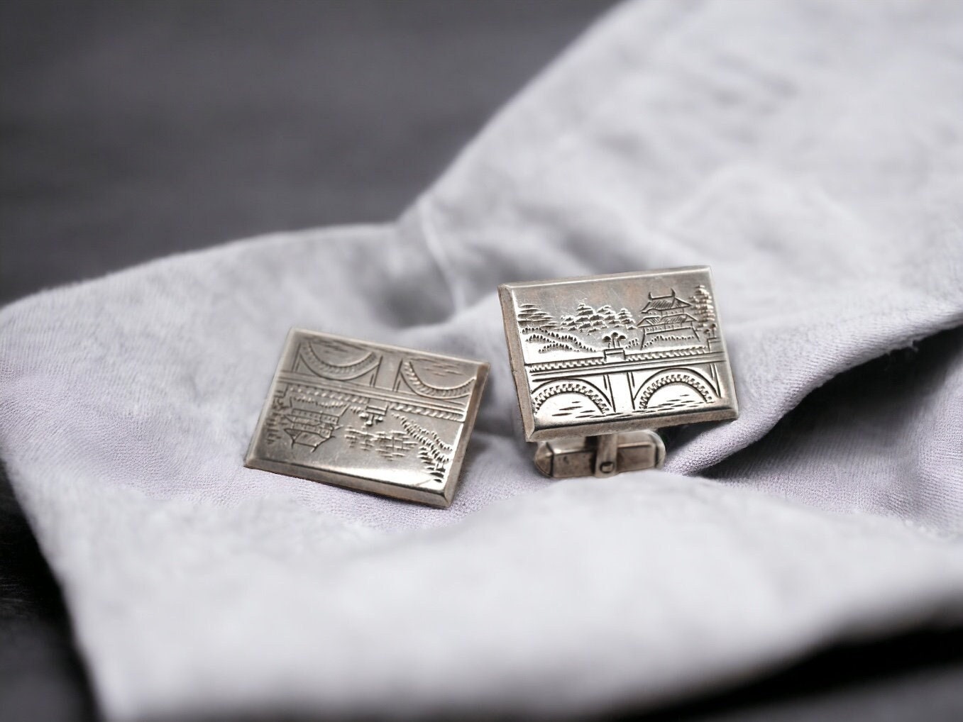 950 Sterling Silver Engraved Pagoda Cuff Links, Mens Accessories