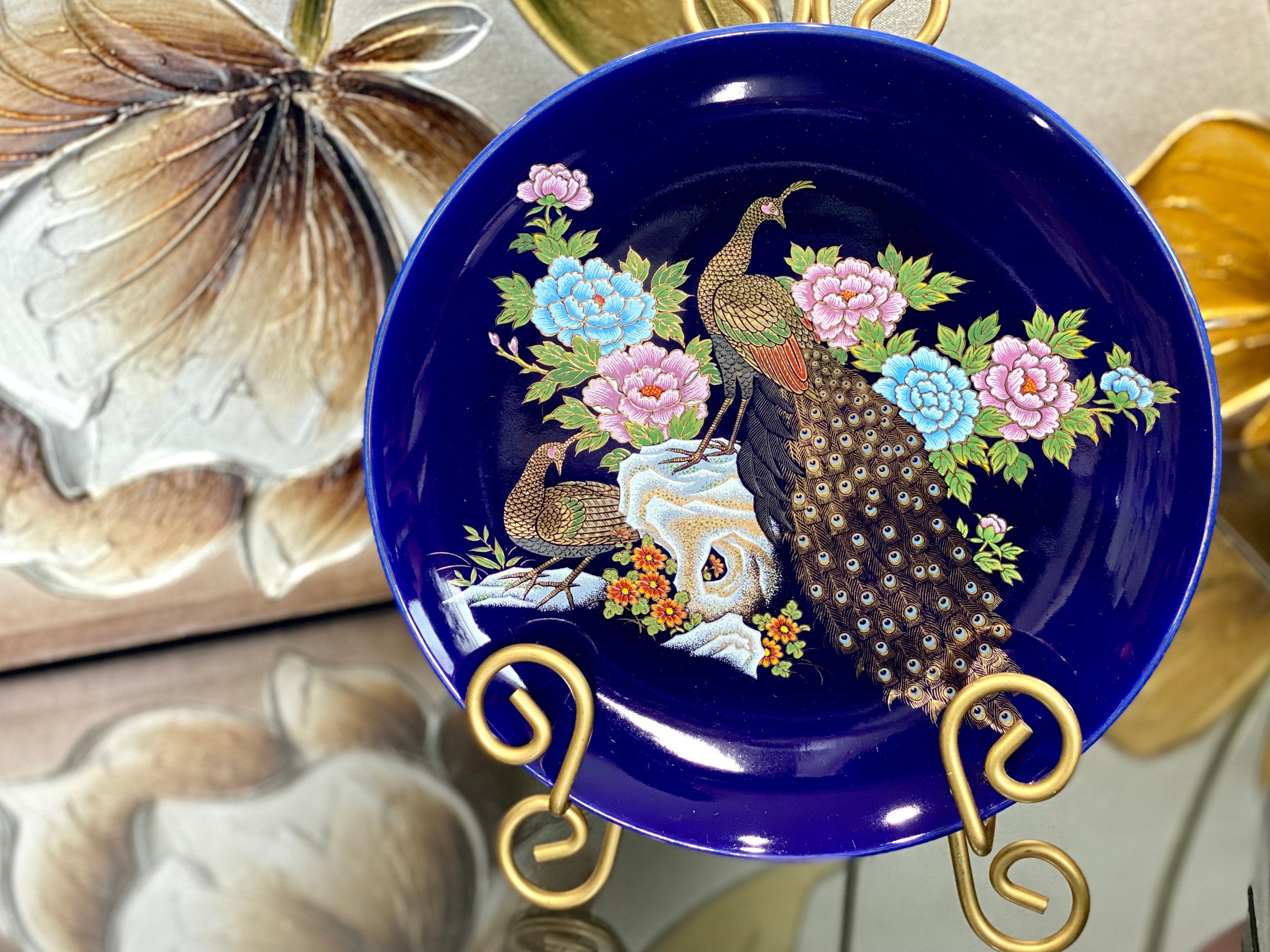 Peacock Platter Floral Japan Plate Cobalt Blue Ceramic Bird Gold