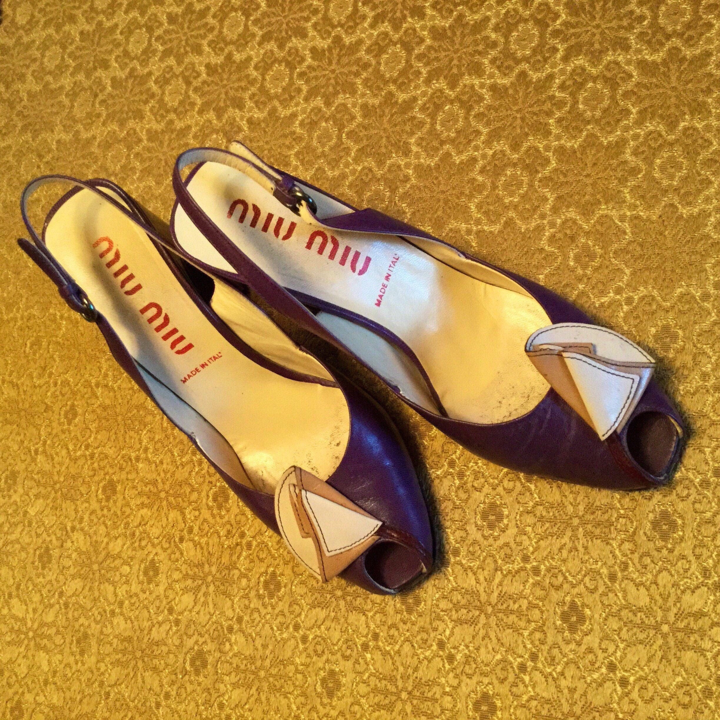 Vintage 90s Miu Miu Purple Leather Shoes With Peep Toes Size 39 1