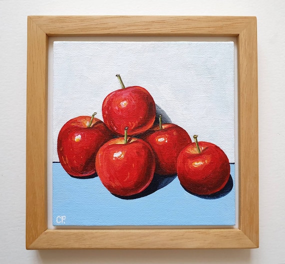 リンゴの絵、リアルなフルーツの絵、オリジナルの静物画、キッチン