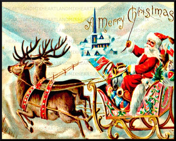 ヴィンテージのメリークリスマスサンタクロースのそりとトナカイの画像