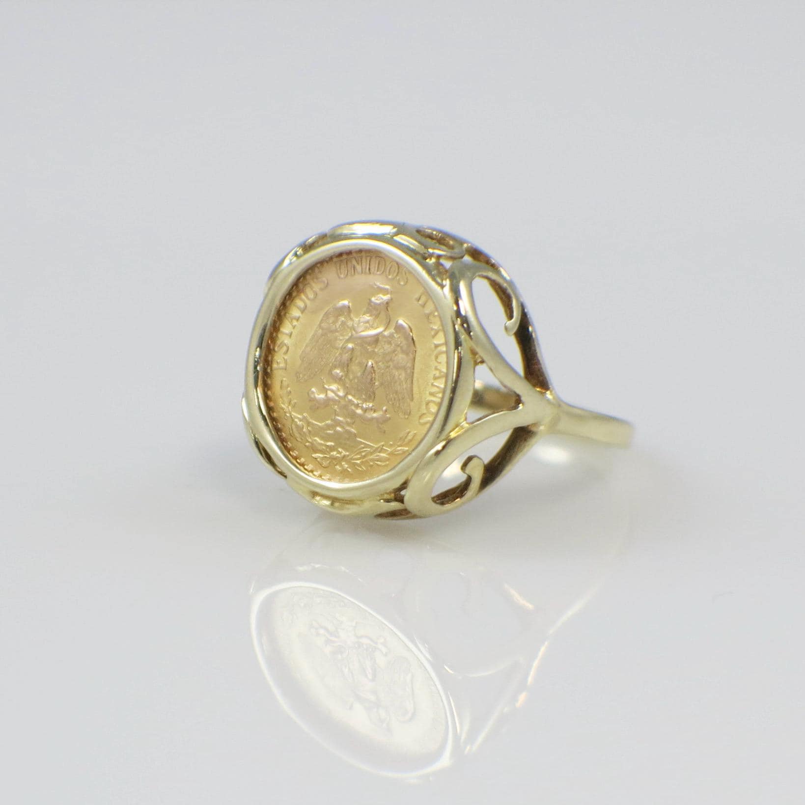 14K Yellow Gold 1945 Dos Pesos Coin Ring – Size 3, Bezel Set
