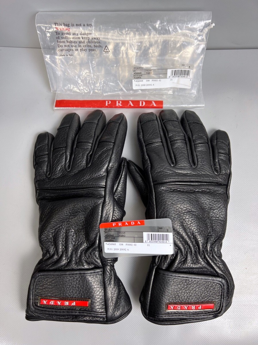 PRADA Guanto Mens Ski Gloves Size 6 Black Lambskin Leather Red Tab