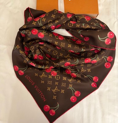 Louis Vuitton Murakami Cherry Square 90 Brown Silk Scarf🍒 | eBay
