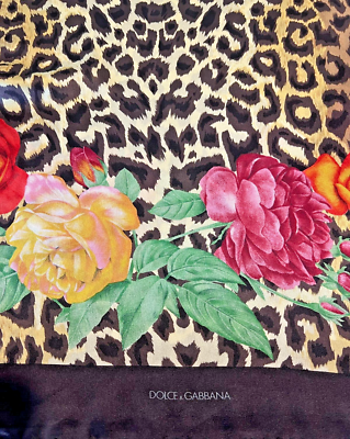 DOLCE GABBANA Chocolate Silk Satin Animal+ Floral Handroll Hems