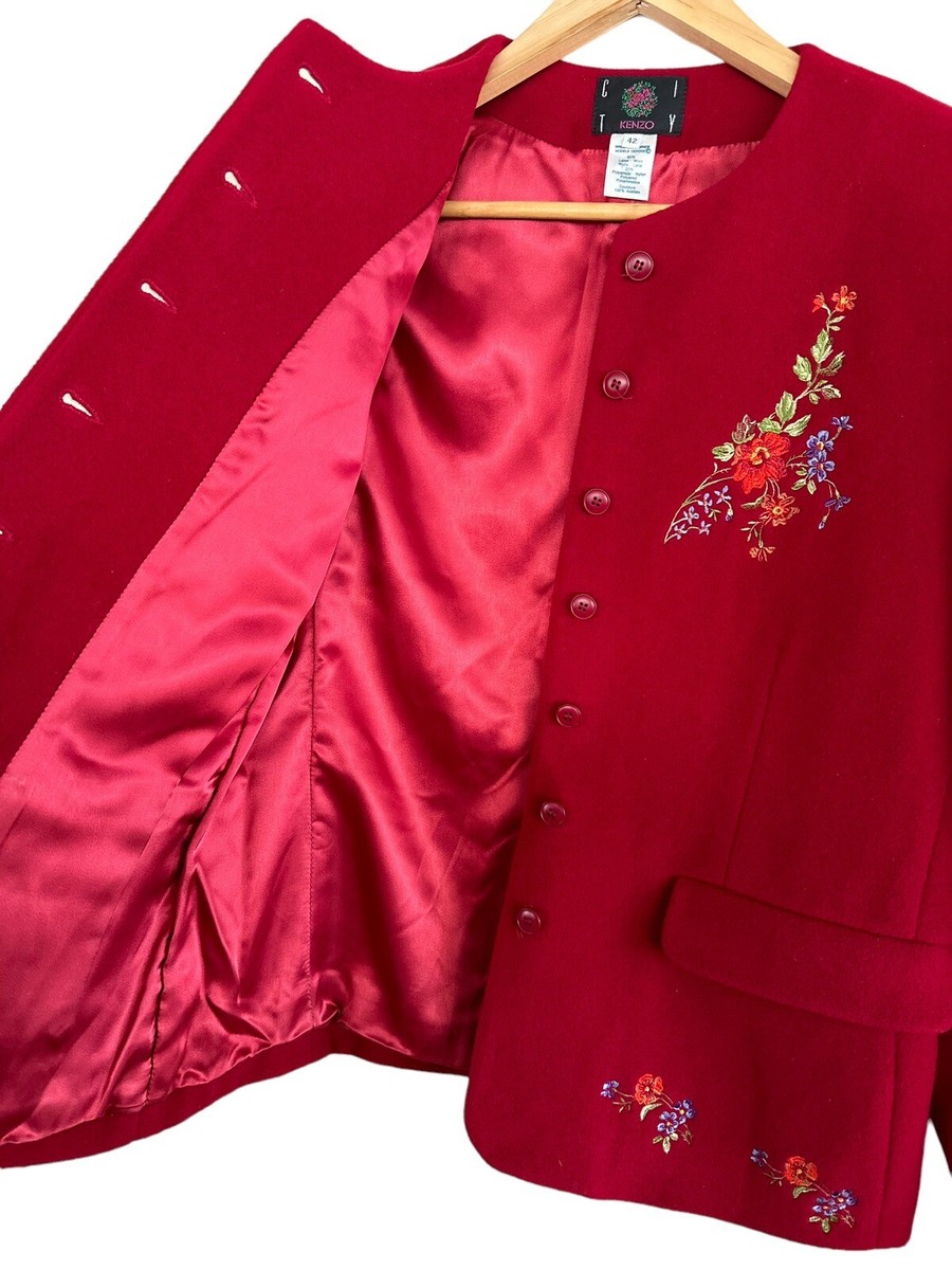 Vintage KENZO Red Wool Jacket Colorful Embroidery Flowers Long
