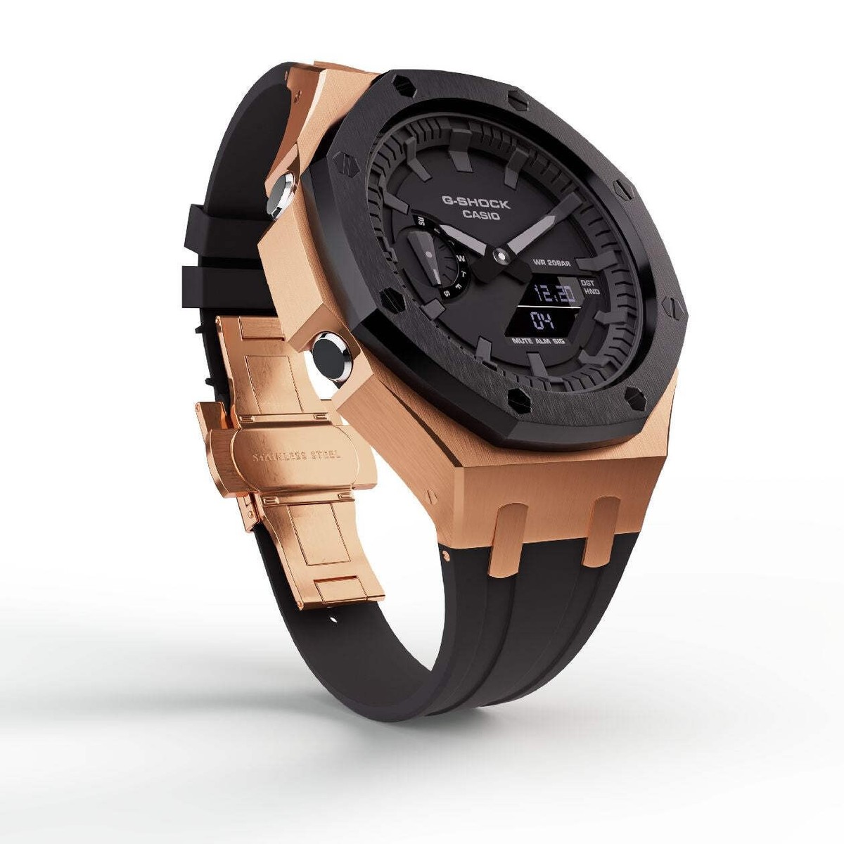 Casioak Custom Modded Metal Watch GA-2100 Mod Rose Gold Black