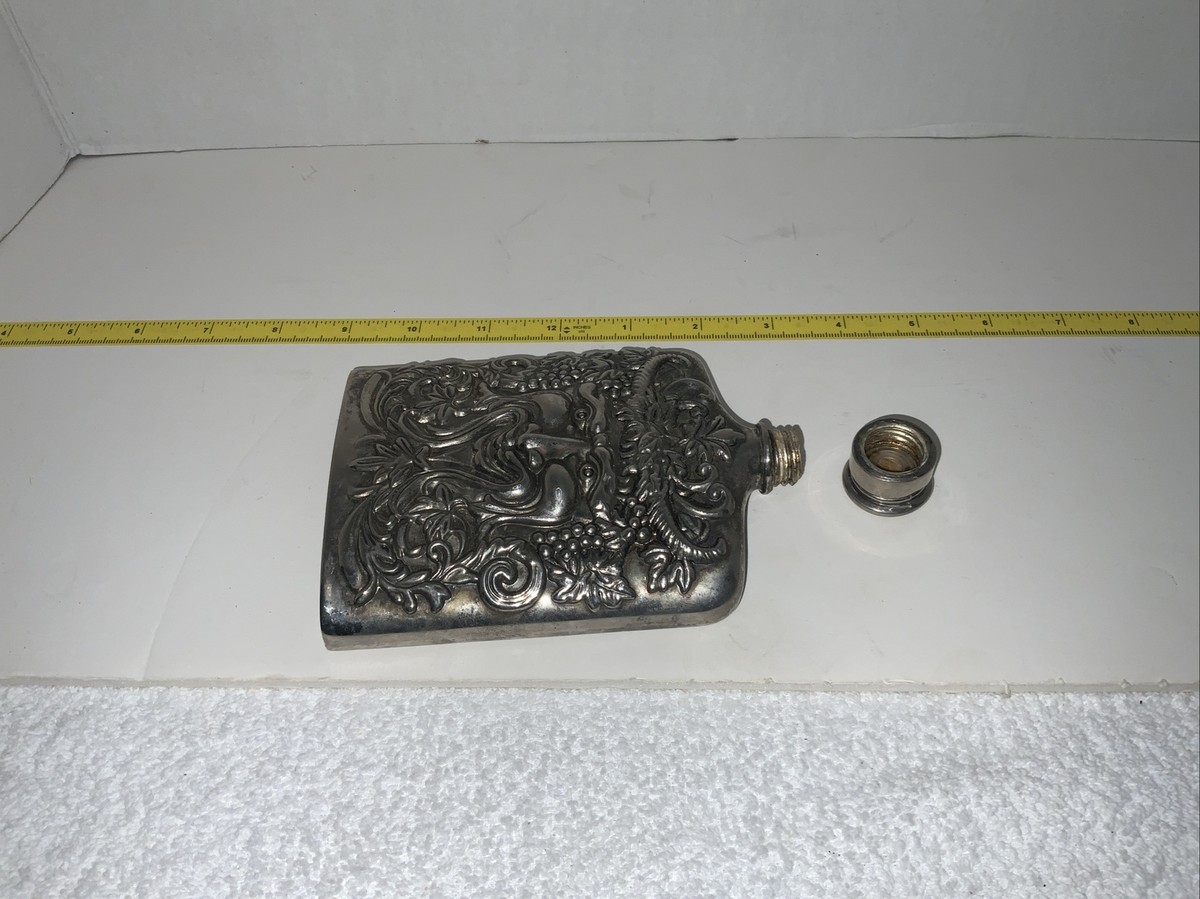 Godinger Silverplated Bacchus Ornate Whisky Flask “GREAT PATINA