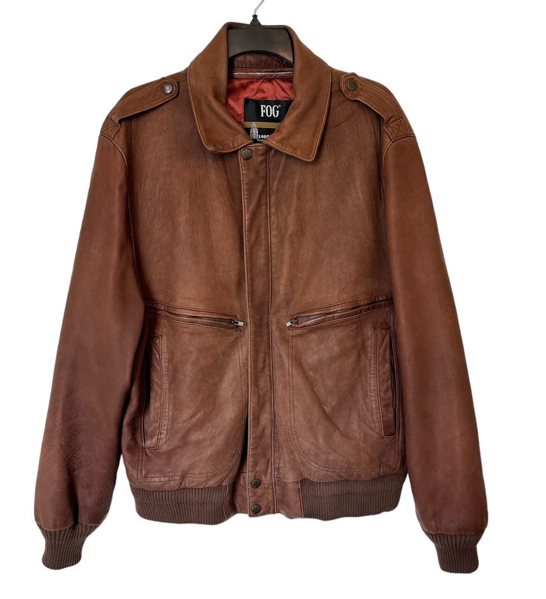 Vintage London Fog Brown Leather Bomber Aviator ZIPPER QUILTED LIN