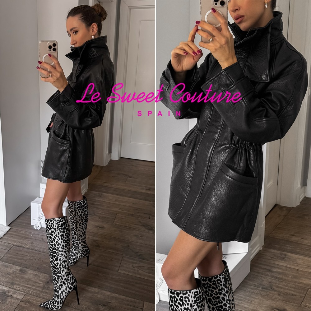 ZARA WOMAN NWT FW25 BLACK ADJUSTABLE WAIST LEATHER JACKET 5479/780